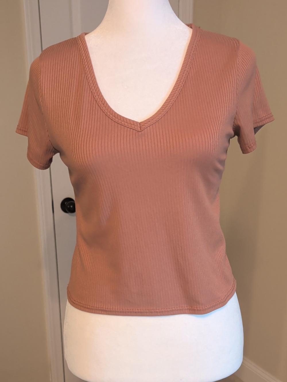 Olivia Rae Ribbed V-Neck Crop Top in Light Terra Cotta